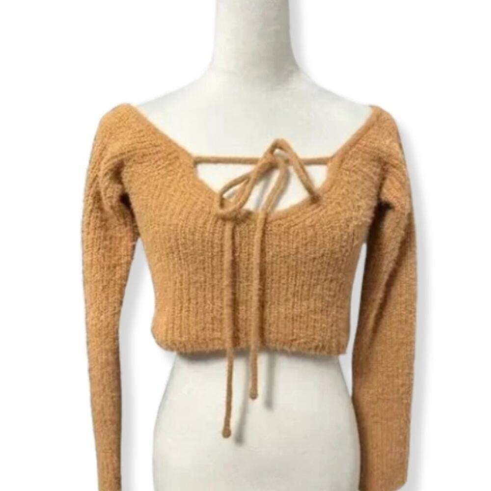 AFRM Cropped Sweater Ribbed Knit Long Sleeves Scoop Neck Brown Women's M NWOT